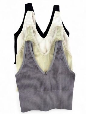 Ribbed V-Neck Brami Stretch Crop Tank Top - Black, Cream, Gray, Green